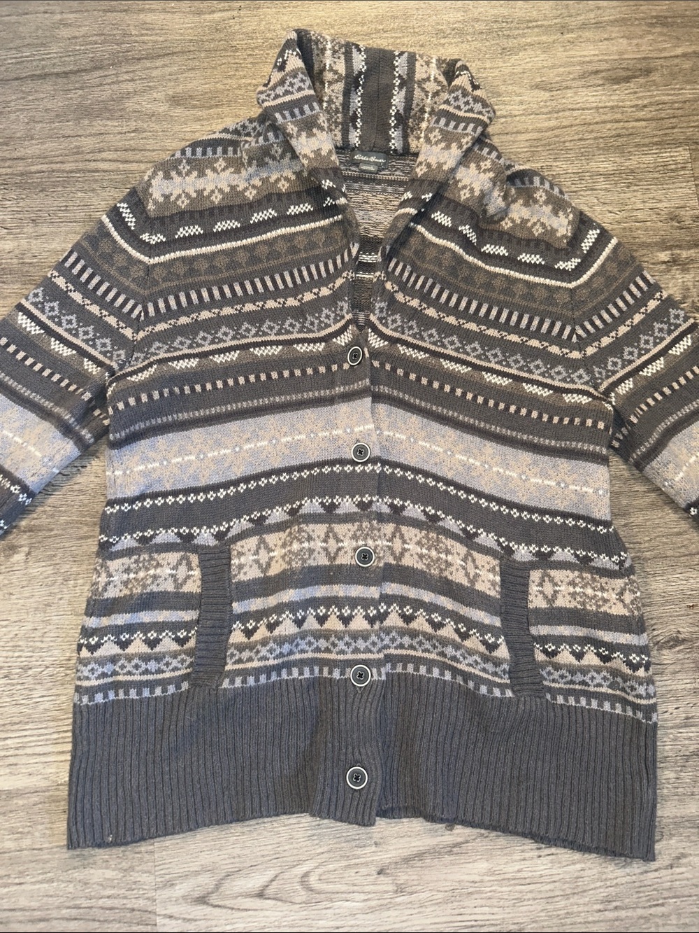 Eddie Bauer Fair Isle Merino Wool Blend Shawl Collar Cardigan Sweater Large